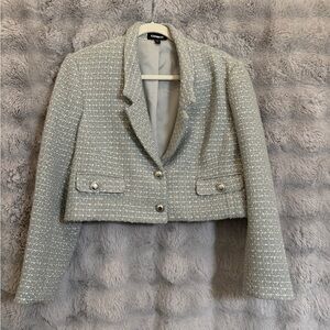 Express Women's Cropped Tweed Blazer in Light Gray and Silver Thread